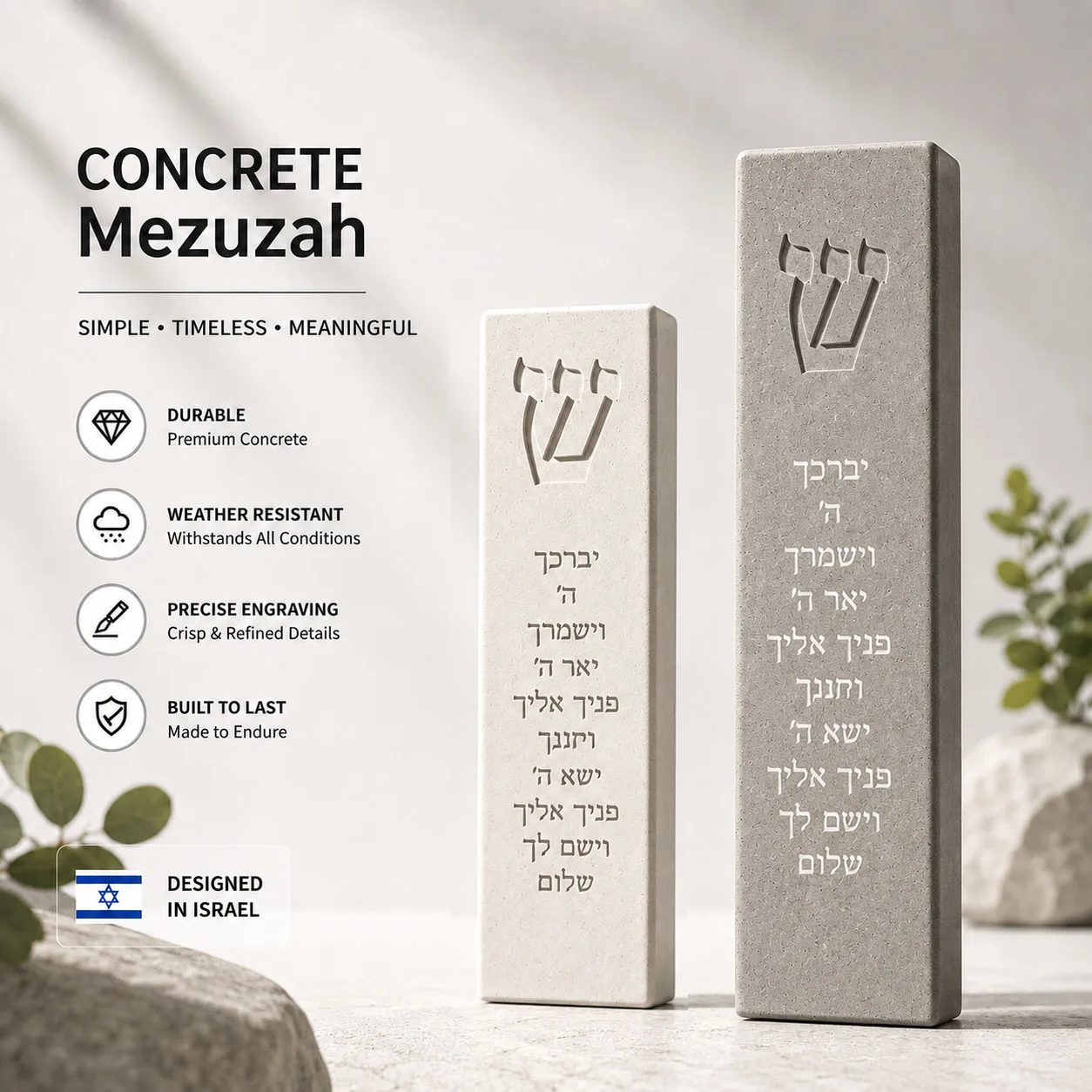Handmade Concrete Mezuzah Case with Shin Custom Name Hebrew Home Blessing Modern Mezuzah Case Judaica Mezuzah Jewish Gift