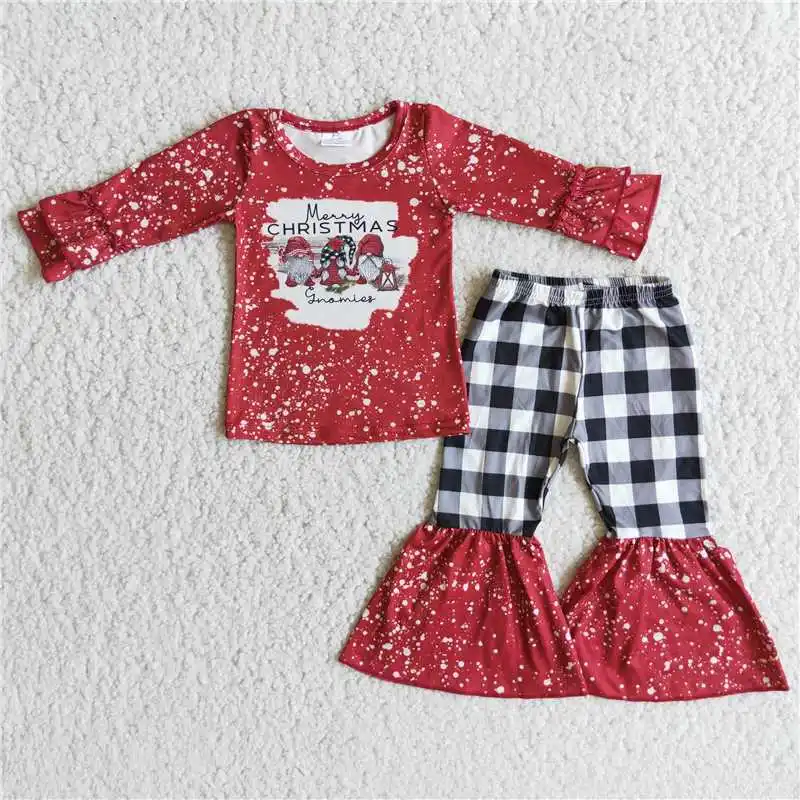 

2022 Christmas New Rts Red Santa Claus Print Long Sleeve Shirt White Black Red Bell Bottoms Pants Fashion High Quality Girls