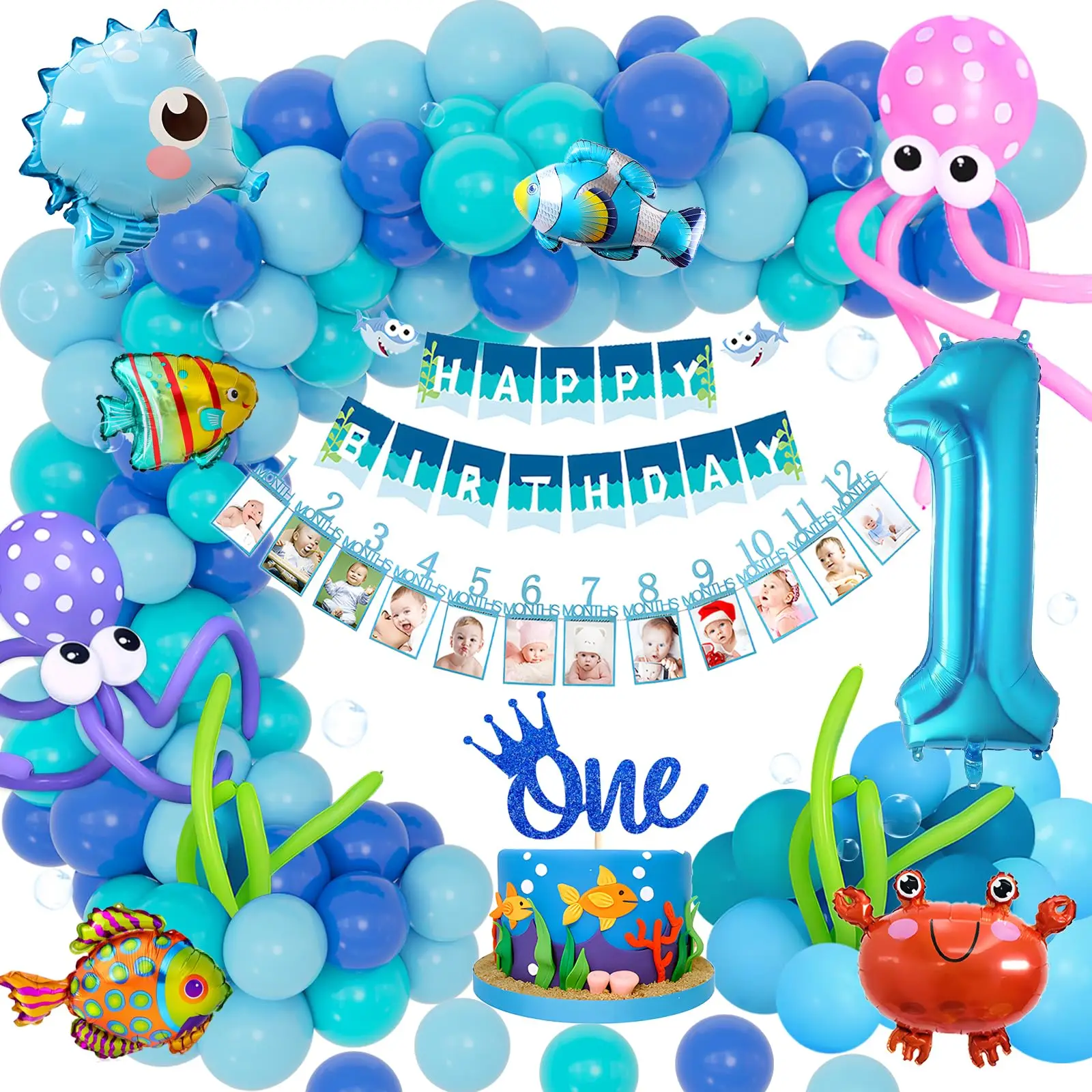 Sea Theme Birthday Party Decoration with Sea Animal Balloons Birthday Banner Photographic Garland for Baby's First Birthday