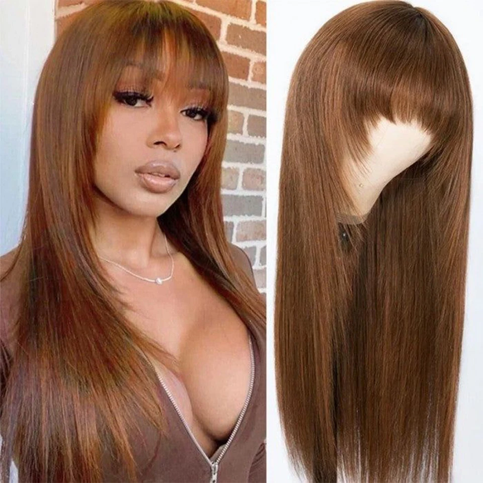 

Highlgiht Straight Human Hair Wigs With Bangs Fringe 180D 18" Full Machine Made Straight Hair Wigs Ginger Brown #1B Remy Wigs