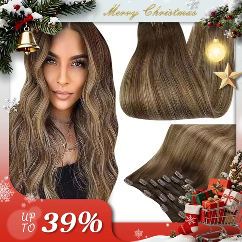 Extensiones de cabello humano con brillo completo, extensiones de cabello humano con Clip, 7 Uds., 105G, extensiones de cabello de doble trama, cabello humano para mujer