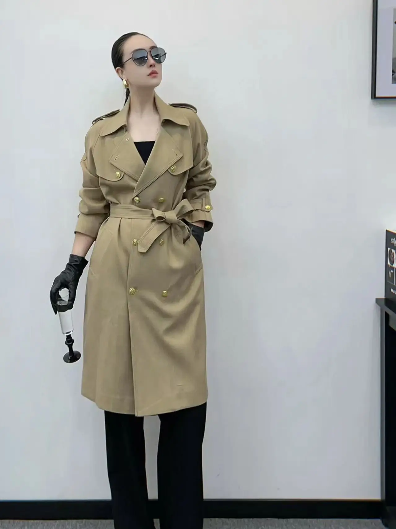 

Casual women's autumn solid color double breasted trench