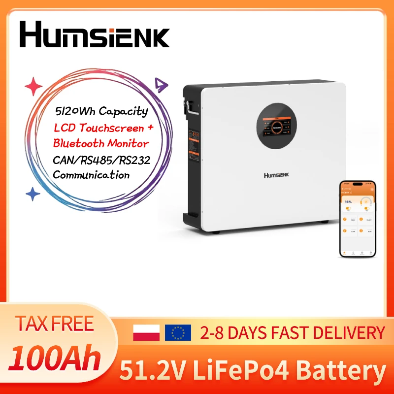 Batteria LiFePO4 da 48V 100Ah Humsienk, montabile a parete, 5120Wh per accumulo di energia solare con BMS da 100A, monitoraggio tramite APP Bluetooth, supporto per comunicazione CAN/RS485/RS232, IP54