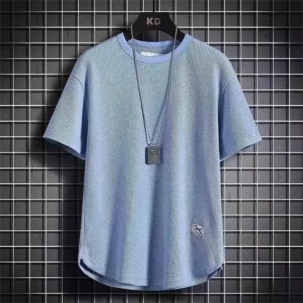 Modische Lack-Waffel-T-Shirts für Herren, Lässige Übergroße Oberteile, Koreanischer Stil, Atmungsaktive Qualität, Unisex Kurzarm-T-Shirts, Trendige Herrenbekleidung – Detail 3