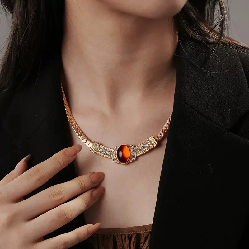 

Vintage 18K Gold Plated Choker Necklace for Women, Wide Flat Snake Chain with Oval Stone & Rhinestones, Elegant Jewelry for her