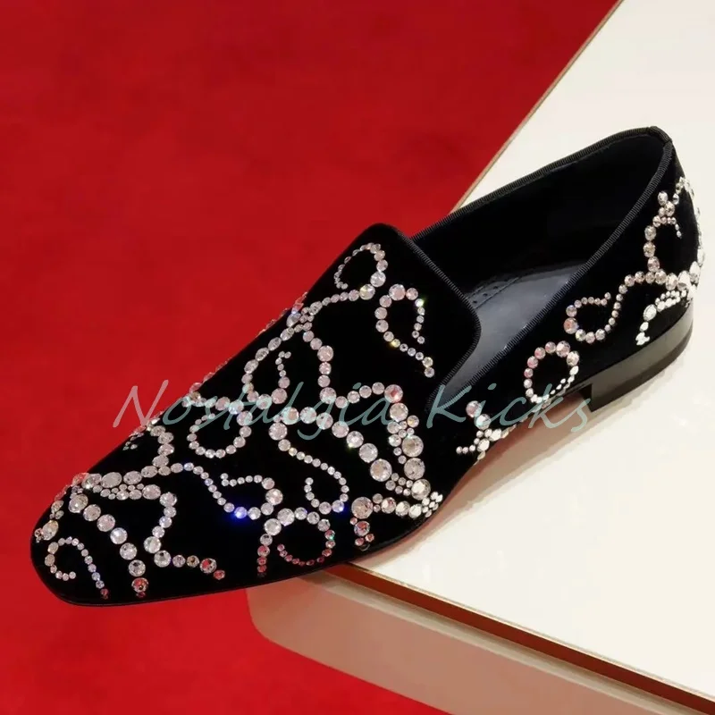 

Luxury Black Velvet Slip On Flat Wedding Shoes Sparkly Sequin Slip On Crystal Men's Loafers Evening Pointed Toe Dress Shoes