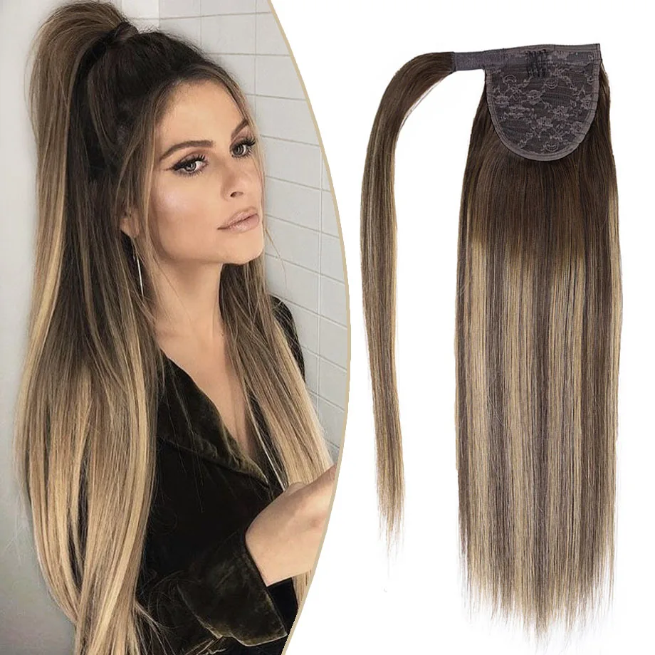 Hair Extensions Ponytail Human Hair Pony Tails Extension Straight Ponytail Extension Human Hair Wrap Around Magic Paste Ponytail