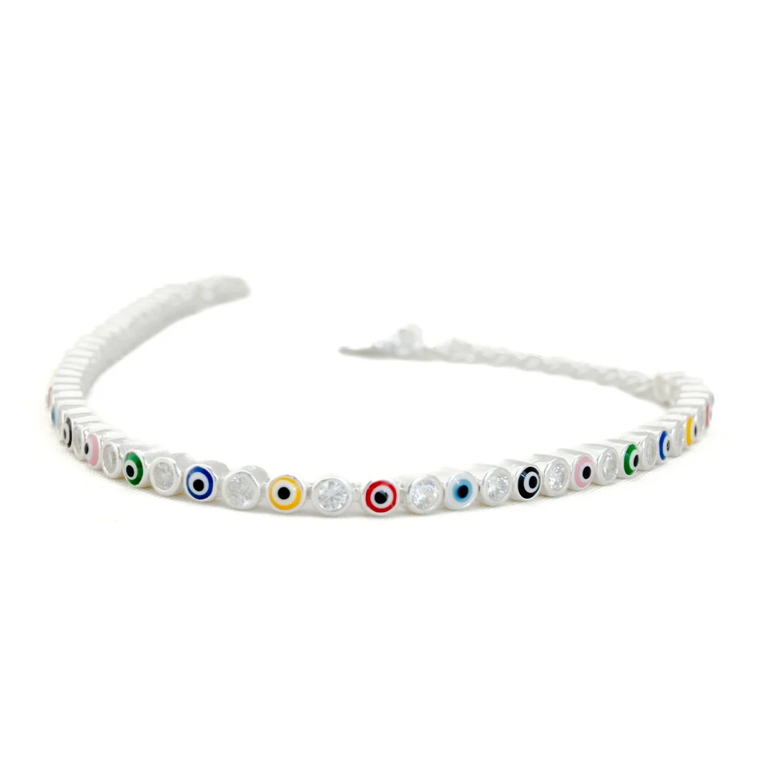 Pulsera Artesanal de Plata Ley Otras Manos Hecha a Mano con Ojos de Zirconias Multicolor Engastadas, Broche Tipo Langosta y Placa de Corazón, elaborada en Taxco, Guerrero,por el taller Antonio Vázquez, Cadena Unisex
