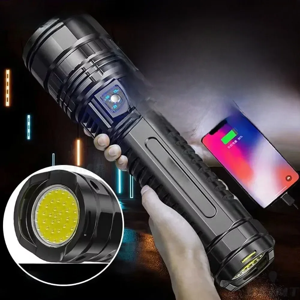 Ultrahelle LED-Taschenlampe, leistungsstarke taktische Taschenlampe, 15000 mAh, eingebauter Akku, Notfall-Camping-Scheinwerfer mit Rücklicht