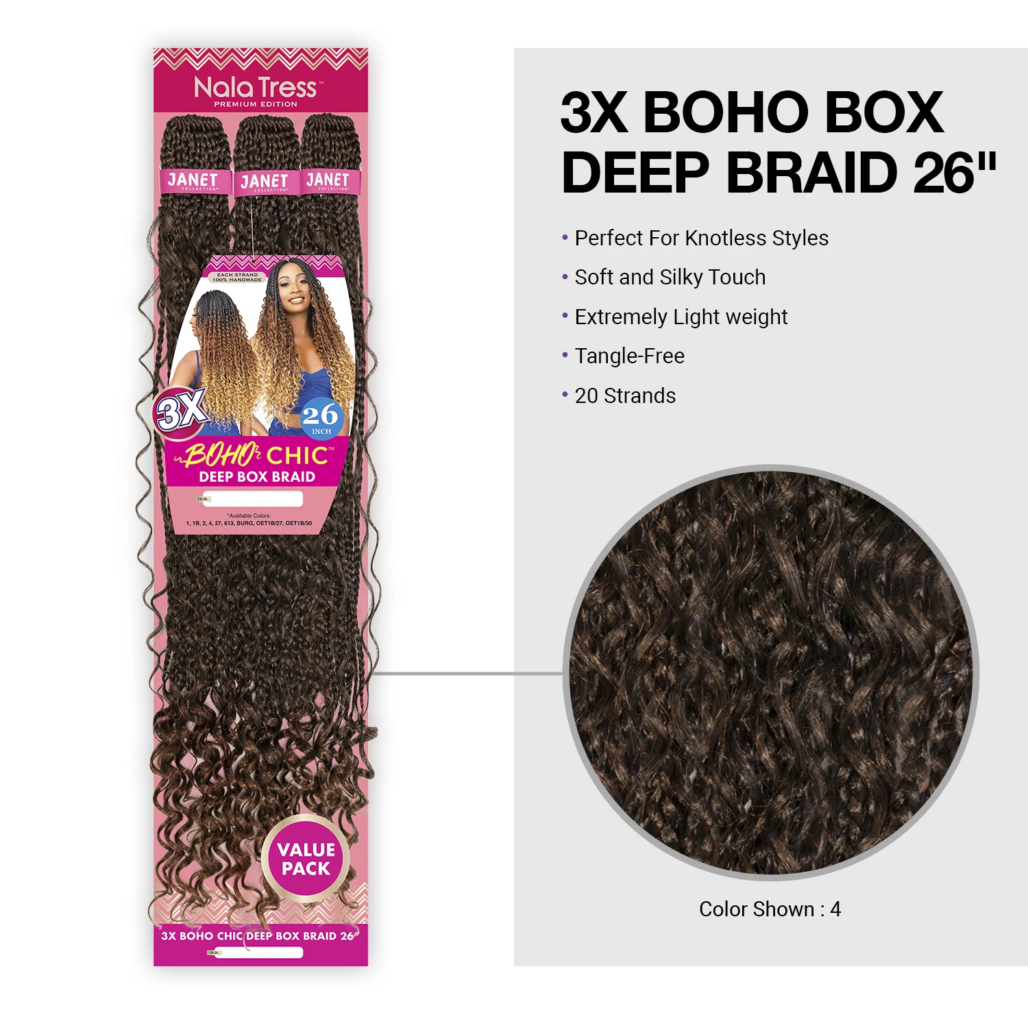 Janet Collection Crochet Braids Nala Tress 3X Boho Chic Box Deep Braid 26"