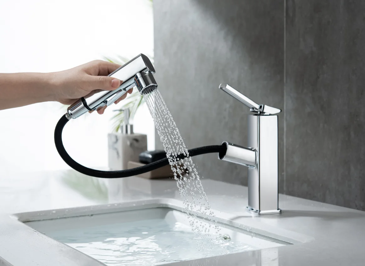 

SKOWLL Chrome Single Hole Sprayer Stretchable Hot And Cold Mixer Basin Faucet B-8801