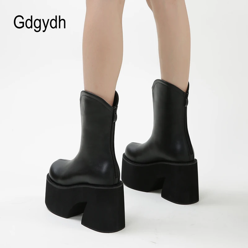 Gdgydh Mid Calf Platform Chelsea Boots Women Chunky Heel Wide Width Back Zipper Goth Shoes Faux Leather Comfy Black Plus Size