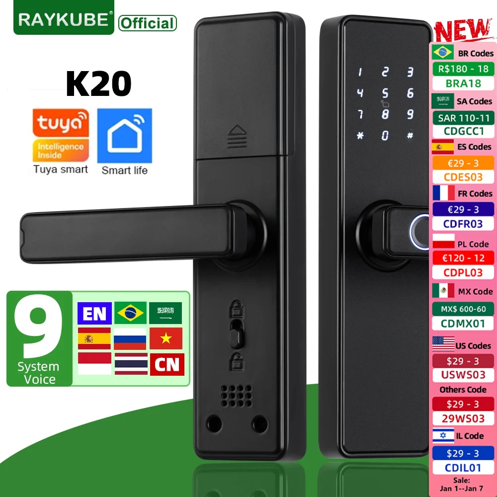 RAYKUBE K20 Tuya Bluetooth 9-language Fingerprint Door Lock Electronic Door Lock with Tuya /IC Card/Password/ Key Unlock