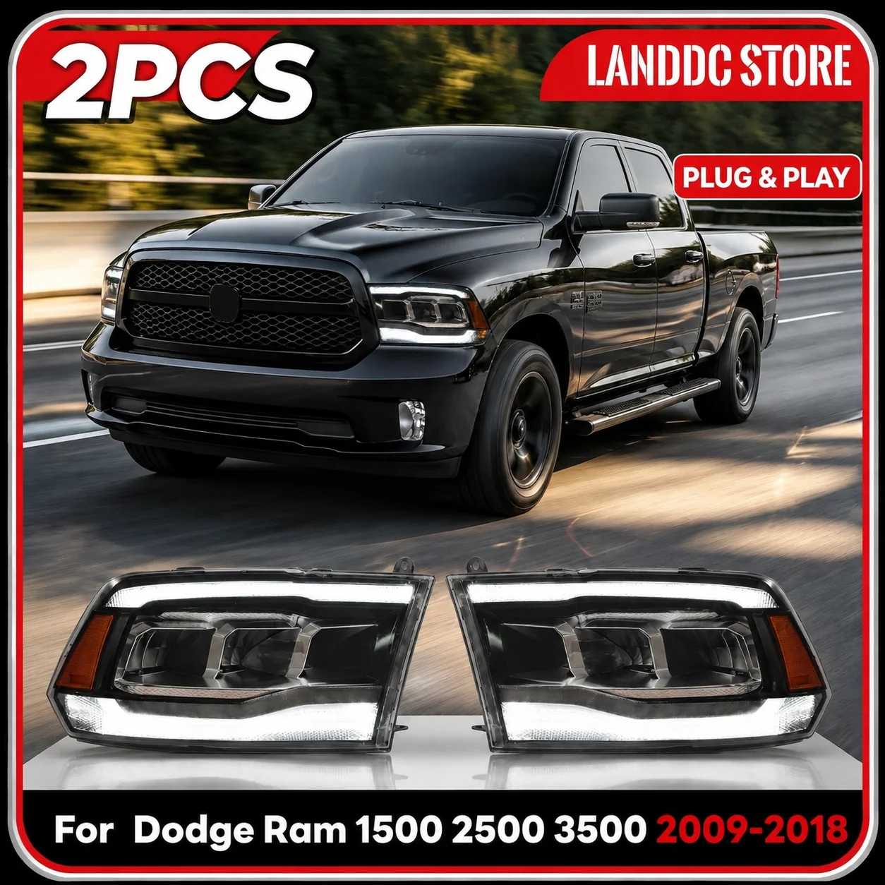 Upgrade-LED-Scheinwerfer-Set für Dodge Ram 1500 2500 3500 2009-2018 Blinker-Projektorlinse Plug-and-Play Paar