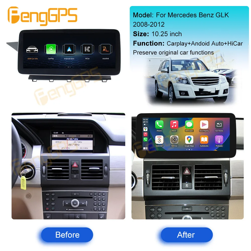 Wireless Carplay Android Auto Linux System For Mercedes Benz GLK-X204 2008-2015 Car Radio HiCar FM DSP WIFi GPS Rear Camera