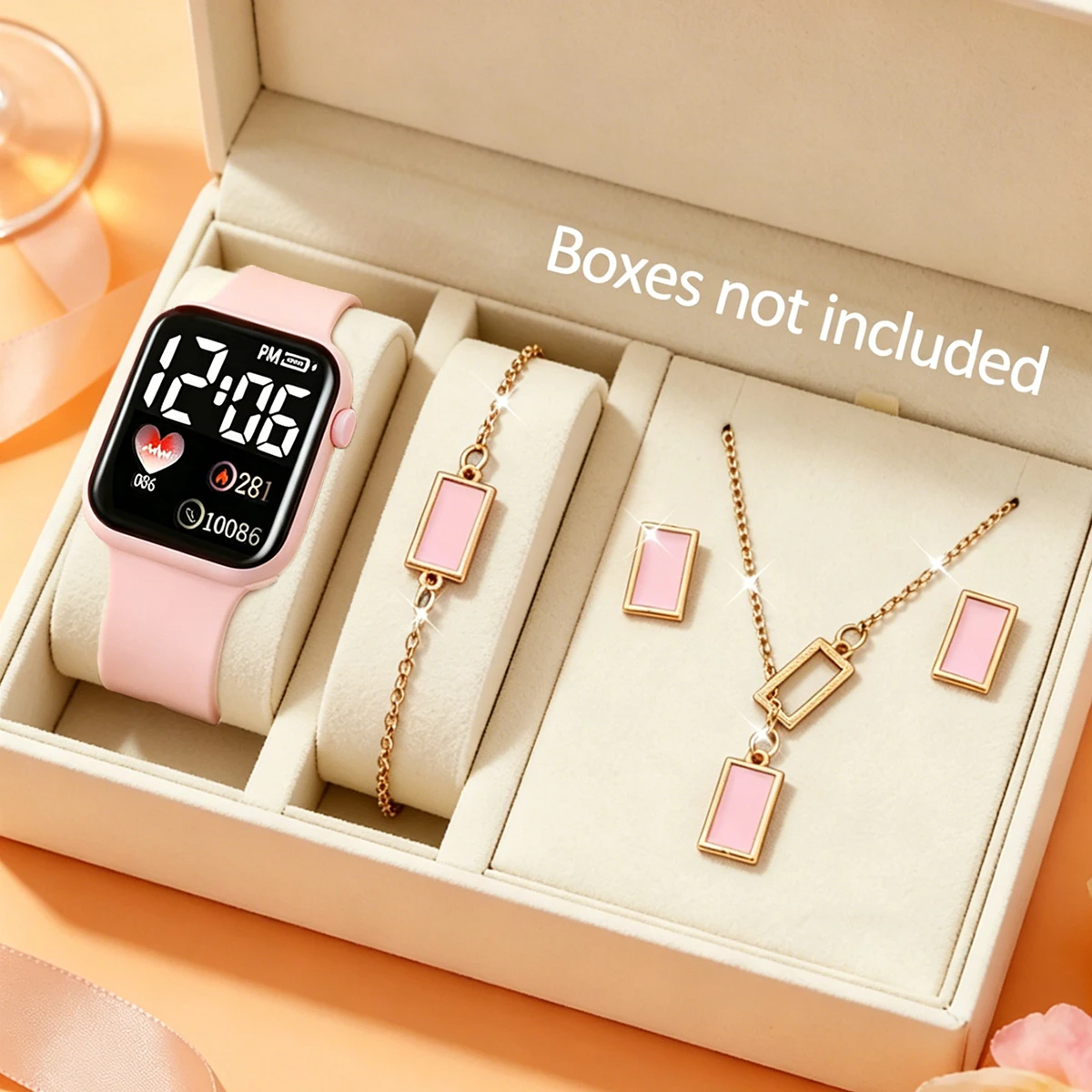 5-Piece Set, Heart-Shaped Electronic Watch with Square Bracelet, Necklace, and Earrings Set, Casual and Cute, Versatile for Everyday Wear, a Great Gift for Birthdays, Christmas, New Year, and Other Holidays.