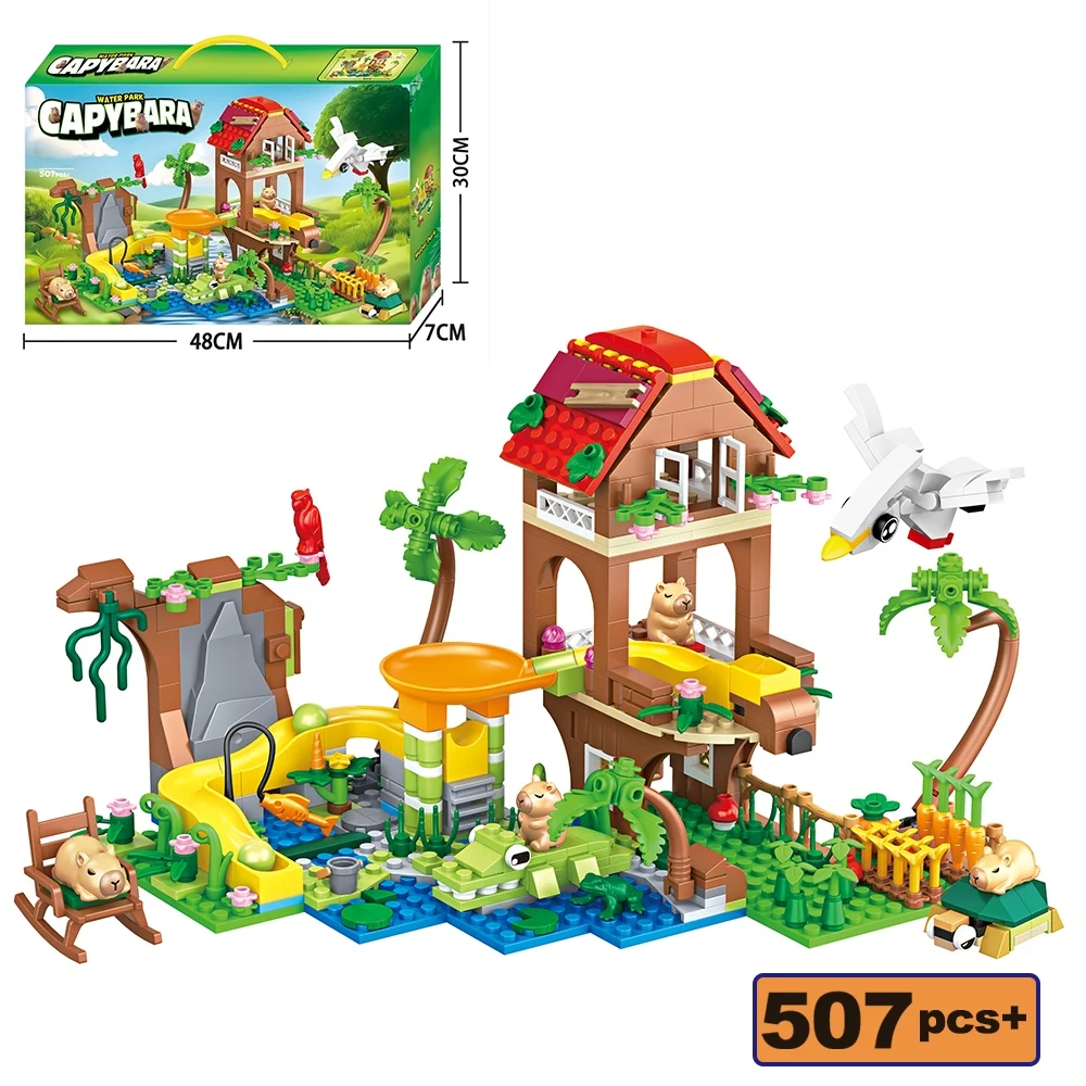 Stadswaterpark Club Bouwstenen MOC Vrienden Capibara Kokospalm Krokodil Vogel Glijbaan Creatief Model Bakstenen DIY Speelgoed Cadeau