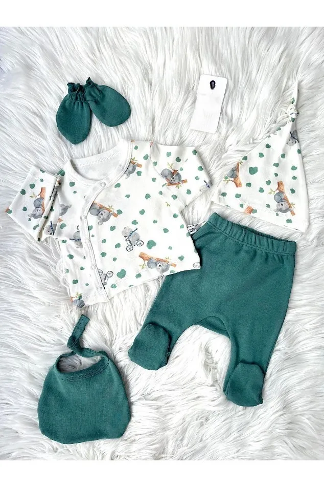 Koala on a Bicycle Pattern Emerald Green 5-Piece Newborn Unisex Baby Hospital Discharge Set, baby girl newborn set, baby boy new