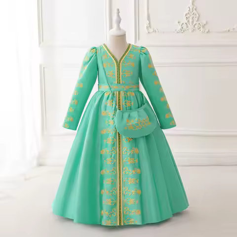 Green Girls Embroidery With Bag Robe Ramadan Muslim Party Banquet Piano Fashion Show Performance Evening Dress