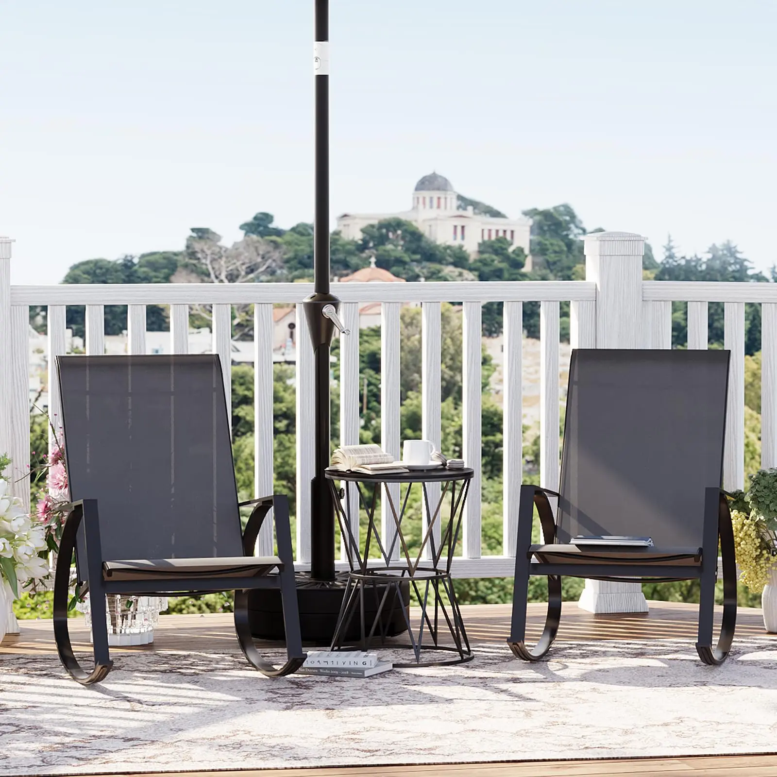 Fauteuil à bascule d'extérieur, fauteuil à bascule à structure métallique, chaise de relaxation au bord de la piscine, chaises de jardin et de balcon, pour jardin et cour, gris foncé