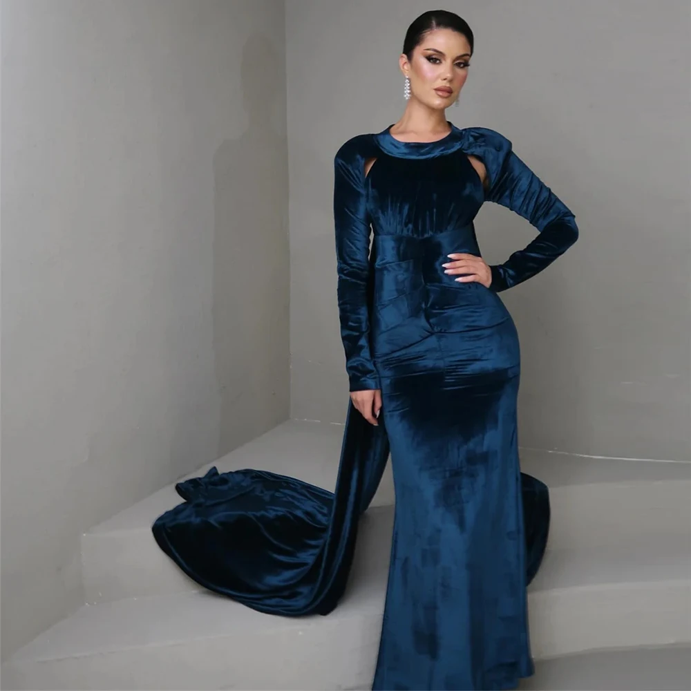 

Elegant Navy Blue Velour Evening Dress Classic Customized Mermaid&Trumpet Long Sleeves Celebrity Gowns Simple O-Neck Party Dress