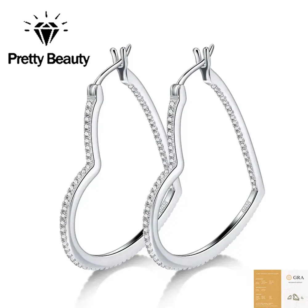 Pretty Beauty S925 Silver Moissanite Heart Shaped 33mm Large Hoop Earrings for Women Pave Set Diamond Earrings Fine Jewelry Gift