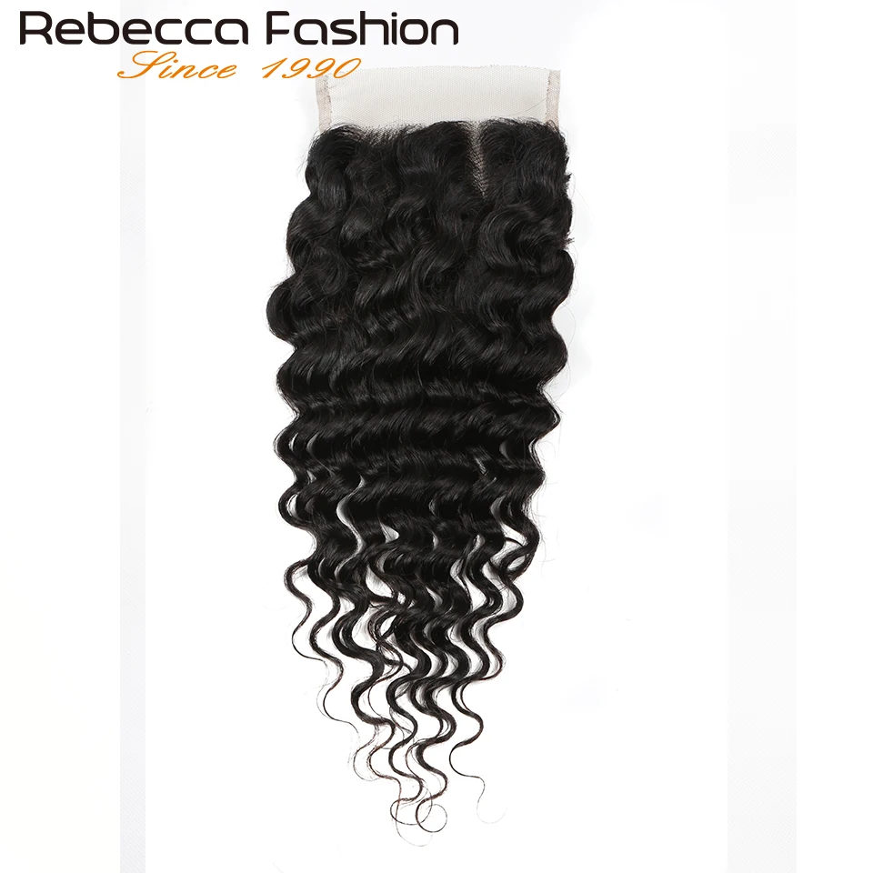 Rebecca 180D 4X4 Top Lace Closure Deep Wave Transparent Swiss Lace Bleached Knots Pre Plucked Deep Curly Human Hair Lace Closure