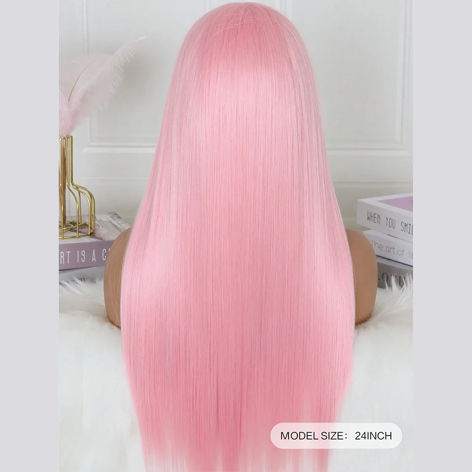 Pink Color Lace Front Wigs Long Straight Synthetic Pre Plucked Glueless Swiss Lace Frontal Wigs