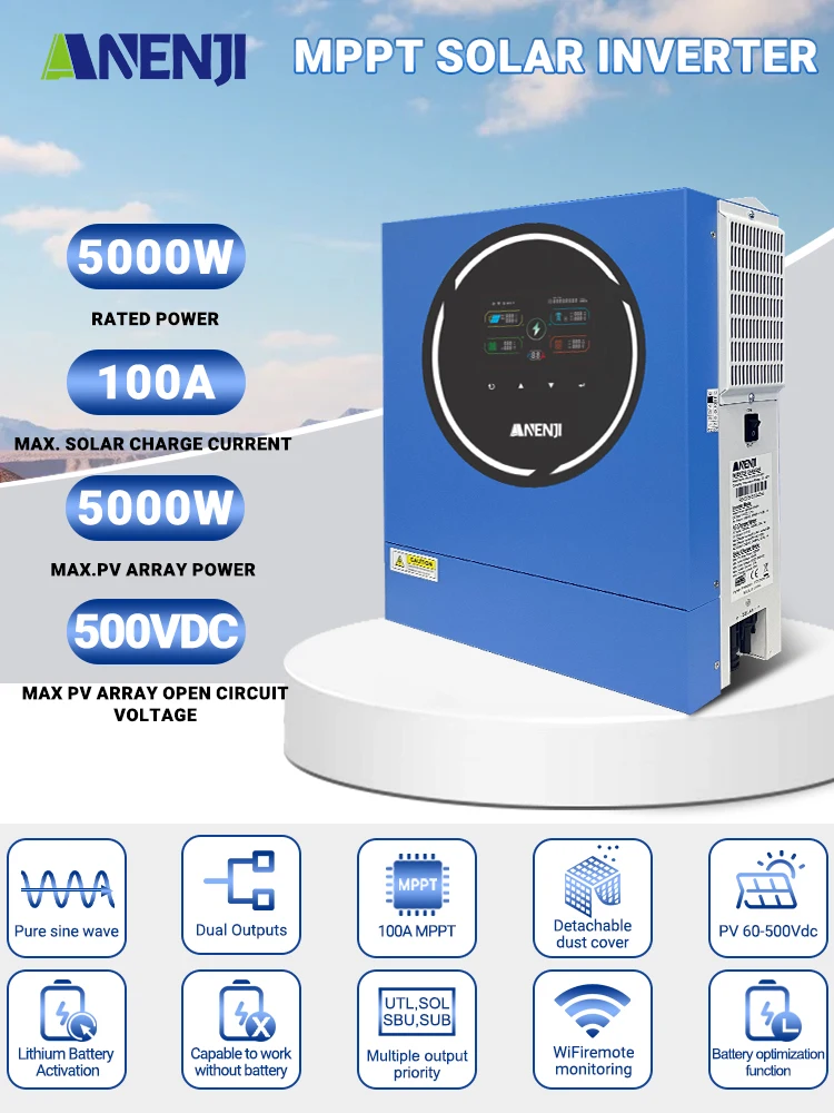 ANENJI 5KW 48V Solar-Wechselrichter 230V reine Sinuswelle Off/On Grid Inverter PV 500VDC MPPT Solarladegerät Dual-Ausgang Solar-Wechselrichter