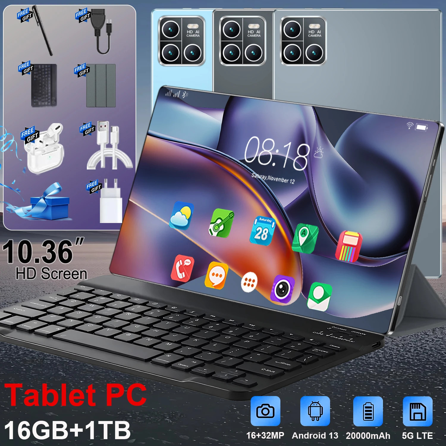 Nouvelle tablette de bureau PRO13 Android 13 de 10,36 pouces 2026, 14 cœurs, GPS, WiFi, Bluetooth, double caméra et SIM, batterie 20000 mAh