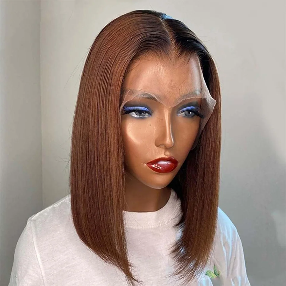 Short Straight Bob Red Brown Wig Dark Auburn Color 13x5x1 Lace Frontal Wig Pre Plucked #33 Human Hair Glueless Straight Bob