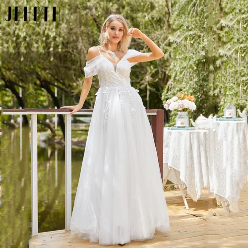Imagen 2 del producto JEHETH-Vestidos De Novia De encaje De tul con cuello en V, Espalda descubierta, tirantes finos, Vestidos De Novia elegantes sin hombros, línea A Vestido de novia con encaje de TUL y cuello V con fideos al descubierto v