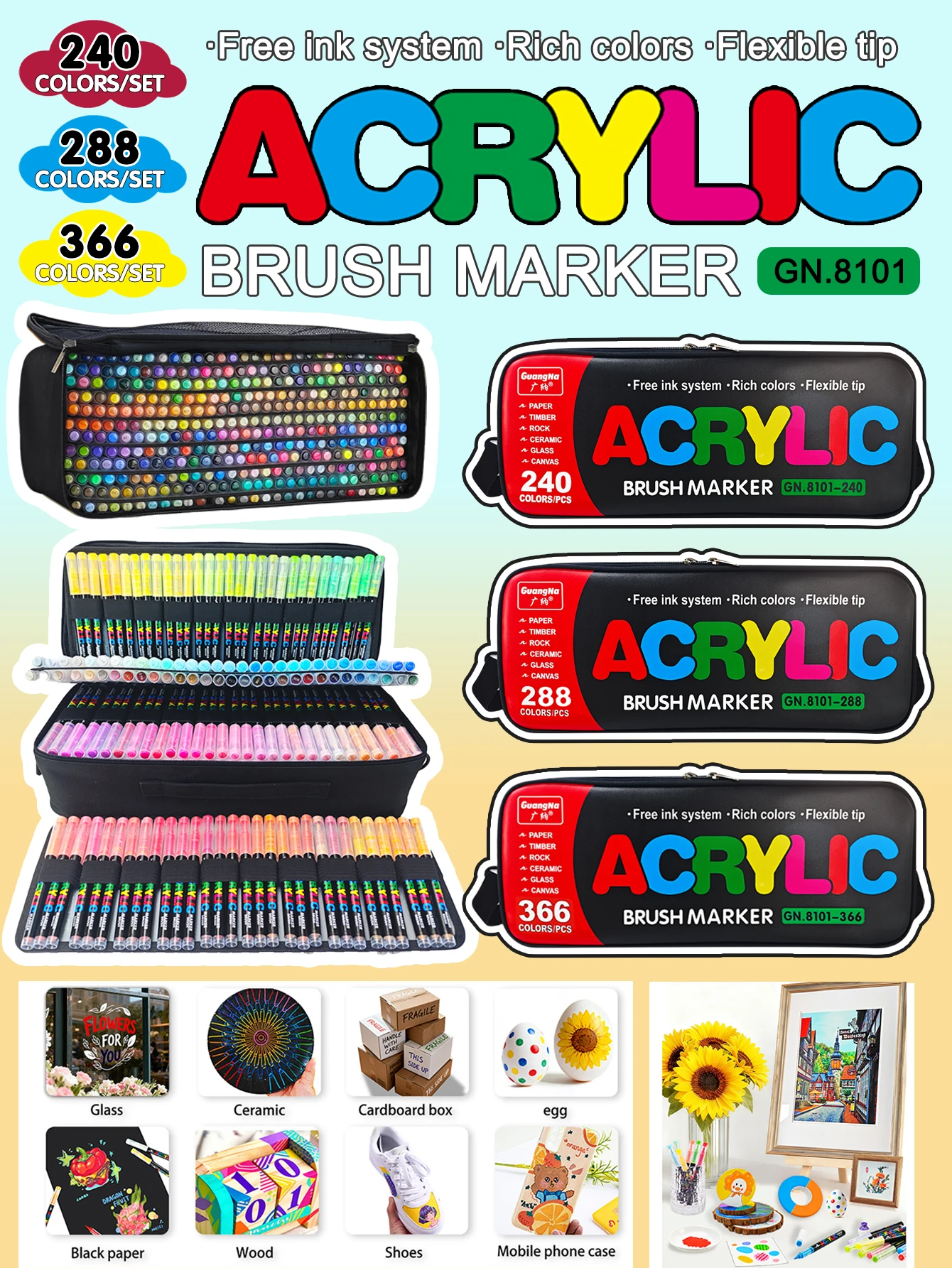 

GuangNa 366/288/240 Colors Direct Liquid Marker Pen Set，Handheld Storage Bag，DIY Hand Drawn,Paint Art Markers Pens