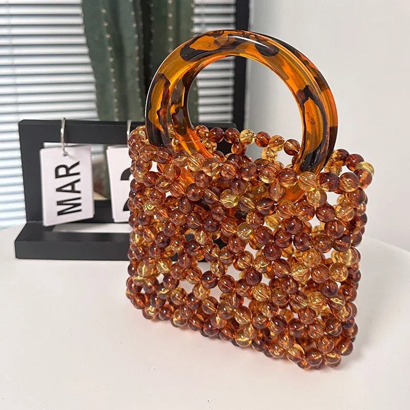 Bursztynowa torebka damska moda Vintage Ins kawa dzianinowa torba z koralikami DIY spersonalizowane letnie damskie kryształowe torby Sac à Main Femme — zdjęcie 2