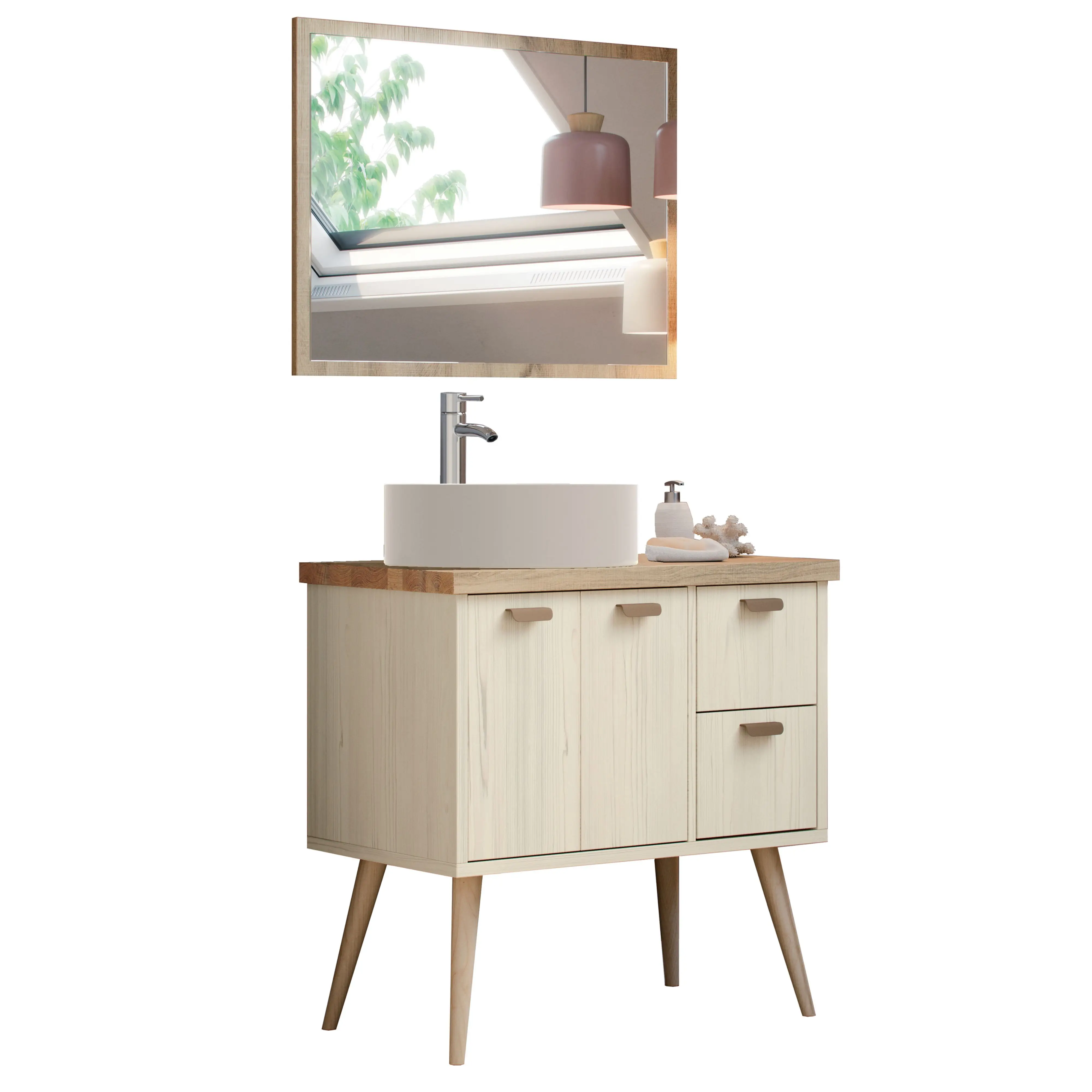 Retro bathroom furniture with mirror Drya pine Color Cambrian Nordic includes ceramic basin 80x46x93 cm