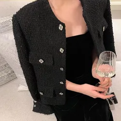 Primavera autunno paillettes lana Tweed nero Blazer corto donna vita alta semplice temperamento pendolarismo bottone trapano girocollo vestito