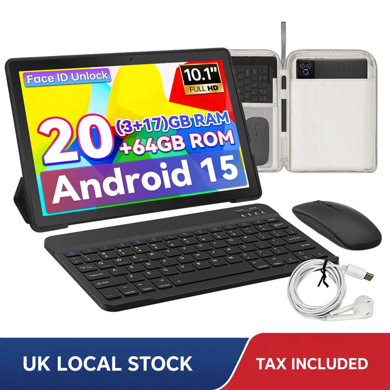 URAO 10.1 Inch Android 15 Tablet PC 20GB RAM 64GB ROM A333 Five Core Processor HD Display WiFi Tablet Computer with Keyboard Mouse Optional Portable Tablet for Study Entertainment UK Local Stock Tax