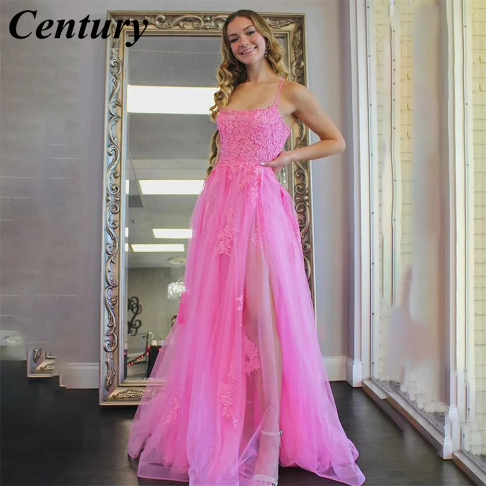 

Spaghetti Strap Pink Formal Dress Scoop Party Dress For Wedding High Split Special Occasion Dress With Appliques robe soirée