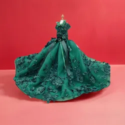 Handmade Luxury Green Floral Ball Gown Pet Princess Dress Trailing Elegant Dog Clothes for Special Occasions Wedding Party