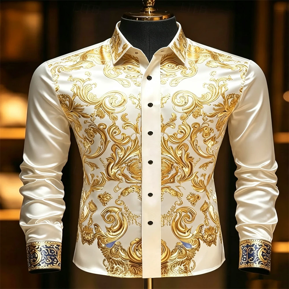 Mens Satin Silk Dress Shirt - Herren Luxus-Satin-Langarmhemd mit Barock-Blumenmuster, Revers-Knopfhemd, Party-Bankett-Hemd,