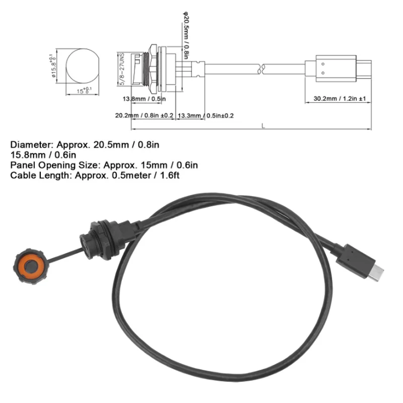 Waterproof USB Connector TYPEC Female Male With Cable Socket E10TPC-BF-F/TPC-A-M