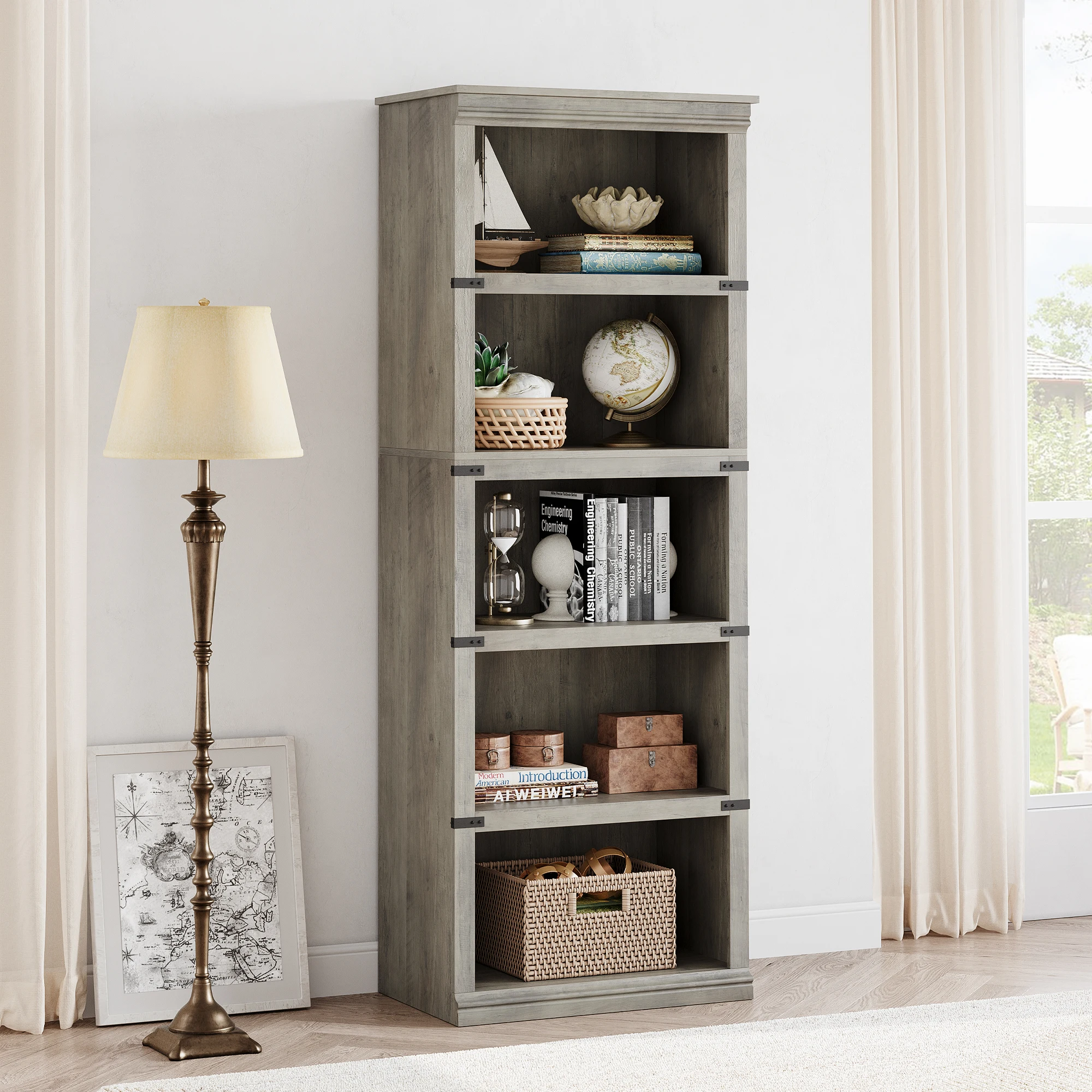 Libreria in stile rustico con vani contenitori e scaffali aperti, mobili in legno per l’ufficio domestico, il soggiorno e la camera da letto.