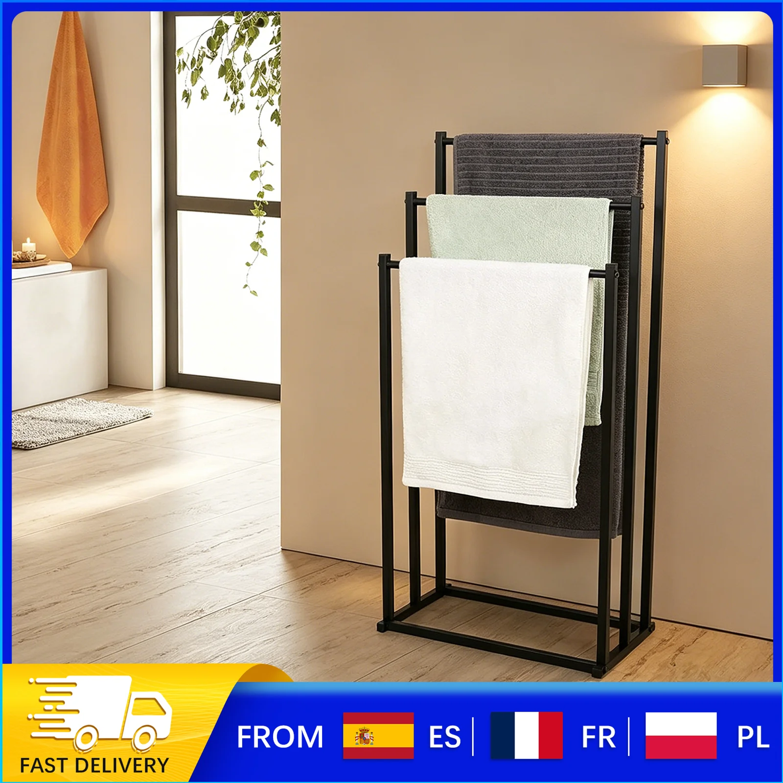 Porte-serviettes sur pied à 3 niveaux, en acier au carbone, finition antirouille, support de rangement peu encombrant pour chambre et piscine