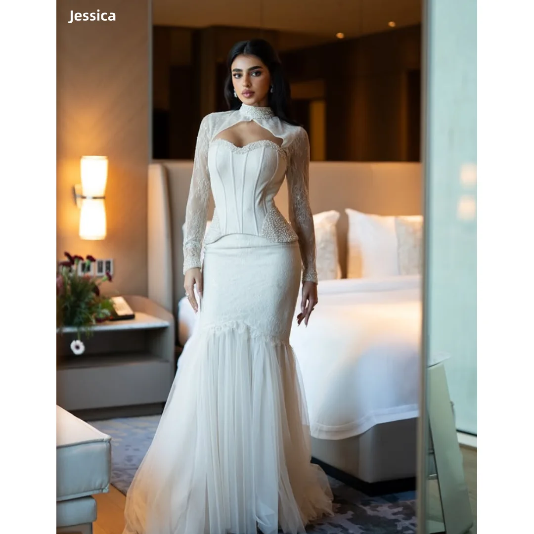 

Джессика Белые вечерние платья из бисера Кружева с длинным рукавом из тюля Пром платья Русалка Свадебные платья по индивидуальному заказу