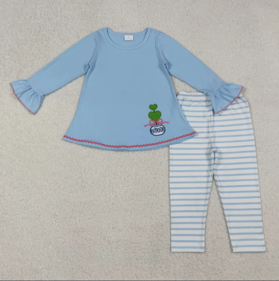 

Long Sleeve Baby Girls GLP2465 Green Heart Embroider Blue Tunic Top Stripes Pants Girls Fall Clothes Set