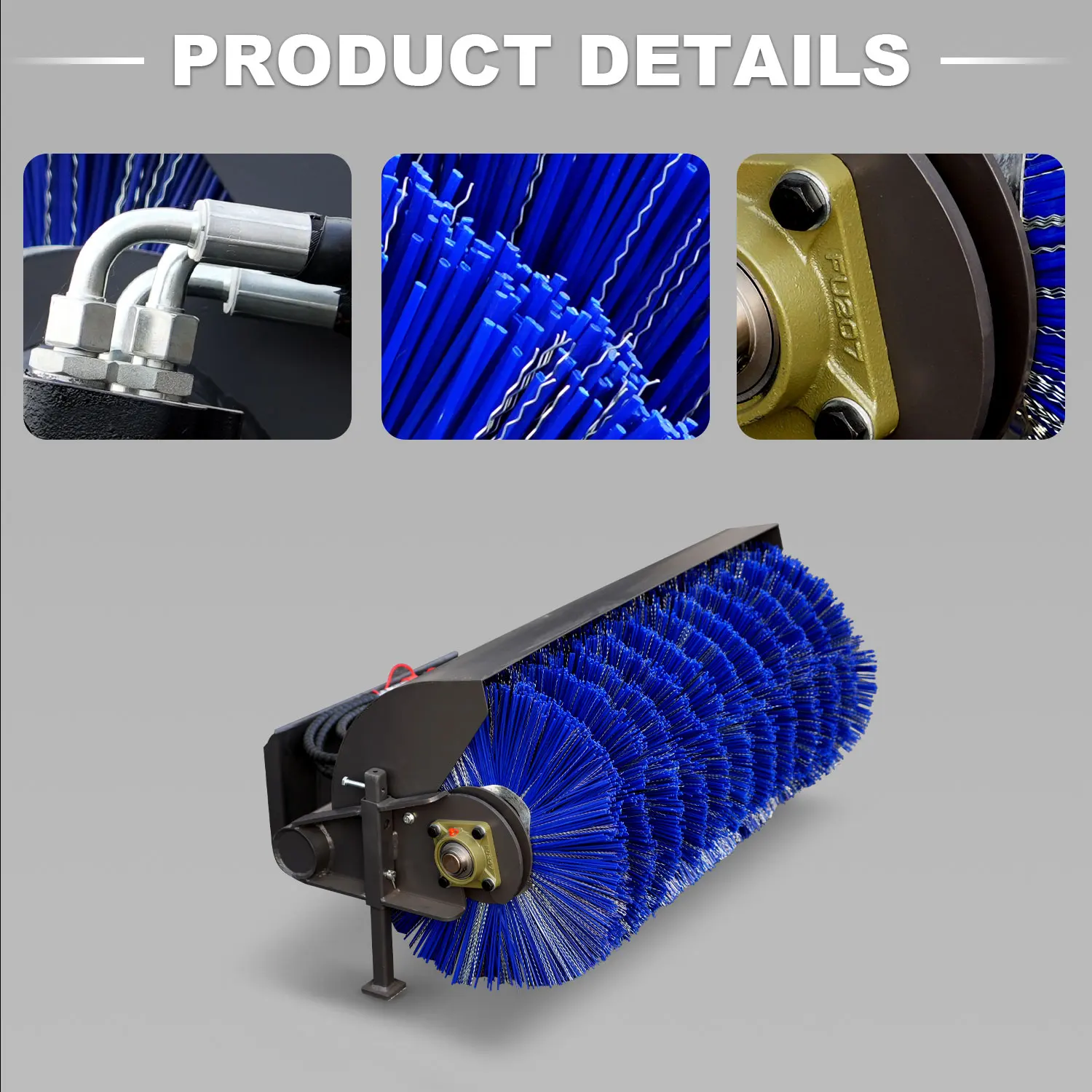 The skid steer loader attachment sweeper is suitable for cleaning large areas such as roads, construction sites and snowfields.