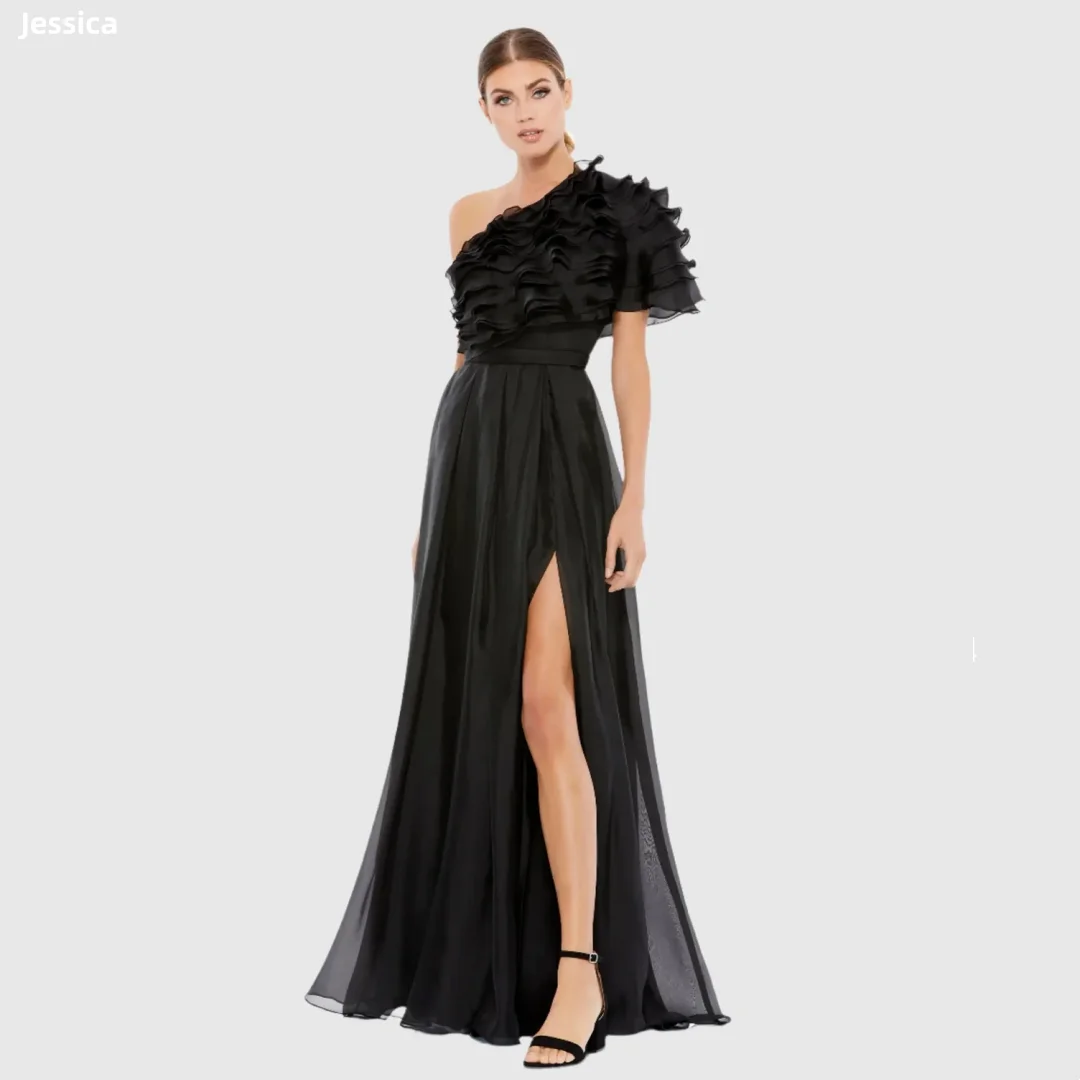 

Jessica One Shoulder Organza Ruffles Evening Dresses Black Prom Dresses Side Slit Women's Wedding Party Dresses Customized