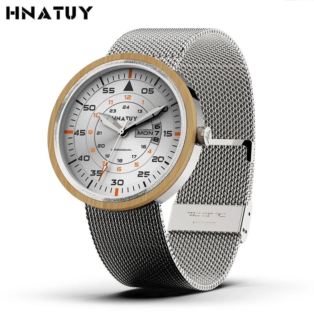 

HNATUY Men Quartz Watches Luxury Original Wristwatch Simple Fashion Wooden Male Watch Minimalist Watch Man Clock Milanese Strap