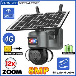 ZAOMIYOS 4K 8MP 12X Zoom Solar Powered Wifi Surveillance Camera Daul lens Security 4G SIM Outdoor PTZ IP Camera Human Detection