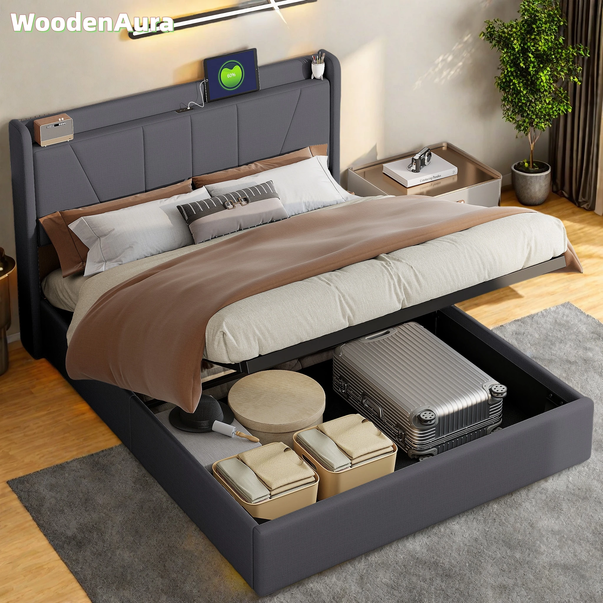 WoodenAura Lit coffre 160x200 cm, avec 2 ports USB et 1 port Type-C, lit double, sommier à lattes, lin, gris